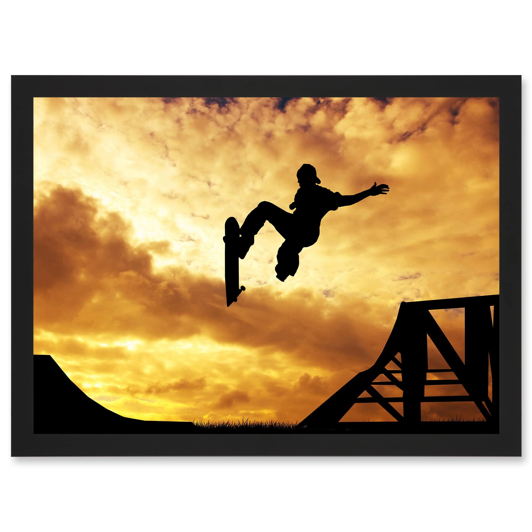 Artery8 Sunset Skateboard Silhouette Half Pipe A4 Artwork Framed Wall Art Print