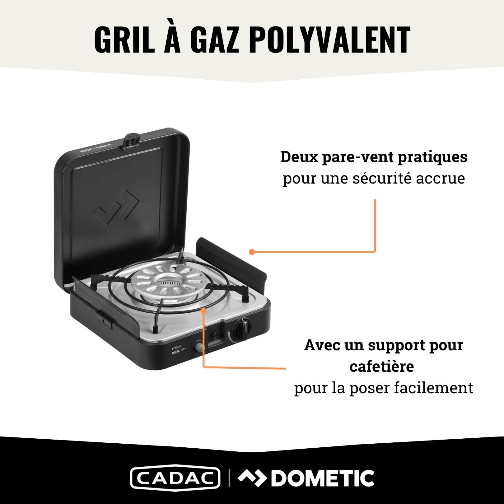 CADAC - 1 Cook Turbo FFD Flat Plate - barbecue - Barbecues portables - Surface de cuisson en acier inoxydable - Incl. Housse de protection - Camping - Les incontournables du barbecue - Noir