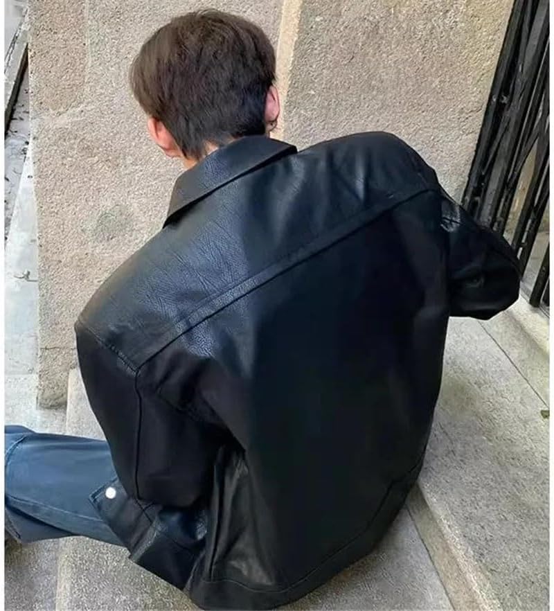 Men's Cropped Faux Leather Jacket Korean Style Structured Shoulder Biker Jacket Windproof Coat