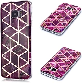 Geometric Marble Samsung Galaxy S7 Case and Screen Protector,QFFUN Glitter Bling Rose Gold Stripe Design Thin Slim Fit Smooth Soft Silicone Phone Case Shockproof TPU Bumper Protective Cover,Purple