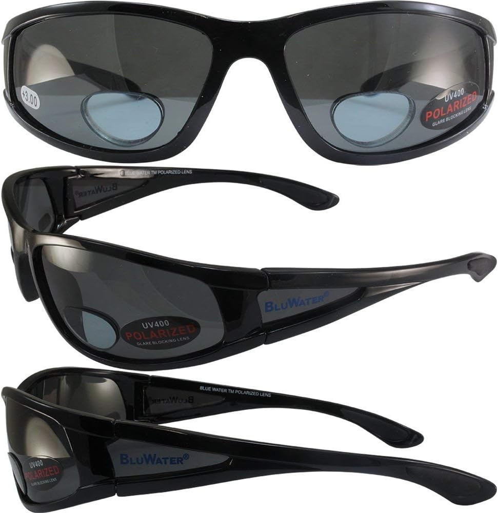 BluWater Polarized Bifocal 3 Sunglasses Gloss Black Frames +3.0 Magnification Smoke Lenses by Global Vision
