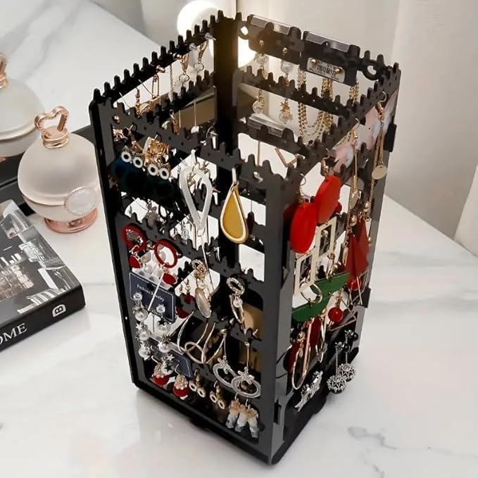 Image of DecoLogy 360 Rotating Transparent Acrylic Jewelry Organizer Tower | Earring Holder Stand with Necklace, Ring & Bracelet Storage | Dust-Free Jewelry Display Organizer for Women | 1 Piece (Black)