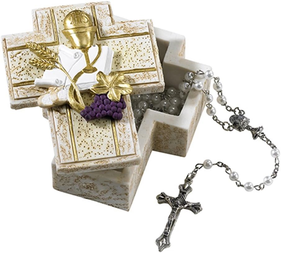 First Communion Cross Shaped Rosary Box, 3 1/2 Inch