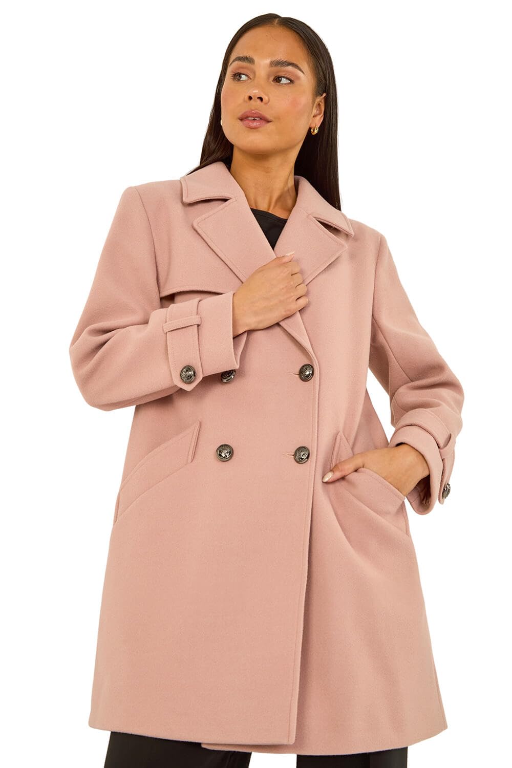 Roman Originals Women's Petite Light Pink Roman Petite Double Breasted Collared Peacoat For Uk - Everyday Autumn Winter Collar & Revere Comfy Soft Evening Vacation Work Party Night Out - Size 12