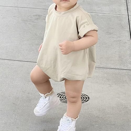 Ehfomius Baby Boy Girl Short Sleeve Bubble Romper Solid Color Oversized T-Shirt Onesie Cotton Bodysuit One Piece Outfit (A-Beige, 6-12 Months) #TOP1