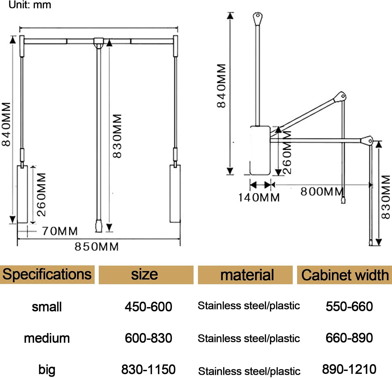 Pull Down Closet Rod, Side Mounted Wardrobe Lift Rail Organizer, 20-47 Inch Adjustable Side & Back Mounted Closet Rod, for Wardrobe & Hanging Clothes (660~890mm)