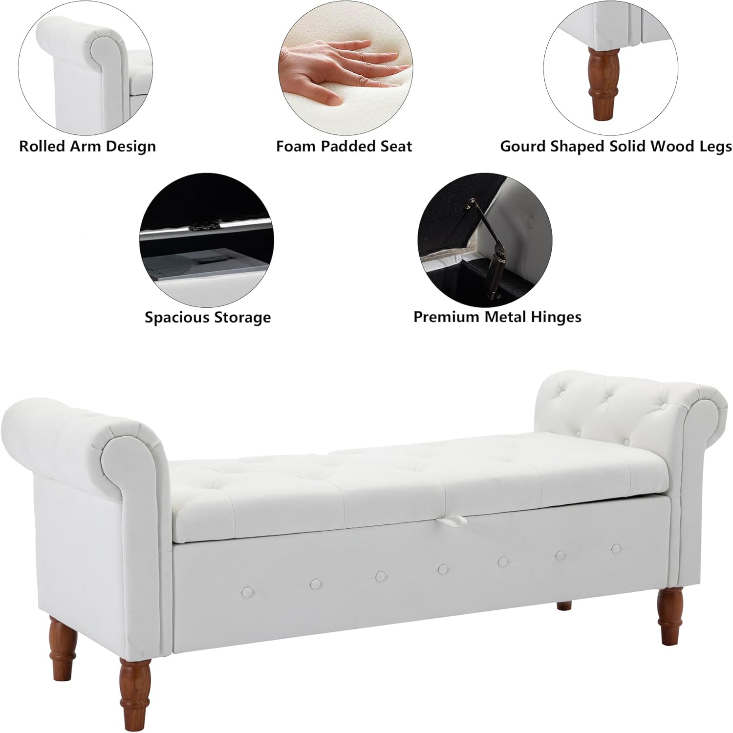 Aoowow Rolled Arm Storage Bench,Tufted Linen Ottoman Bench with Arms,62.8" Long Storage Bench for Bedroom End of Bed,Living Room,Entryway,Window,Rectangle Sofa Stool Footrest (Linen Ivory)
