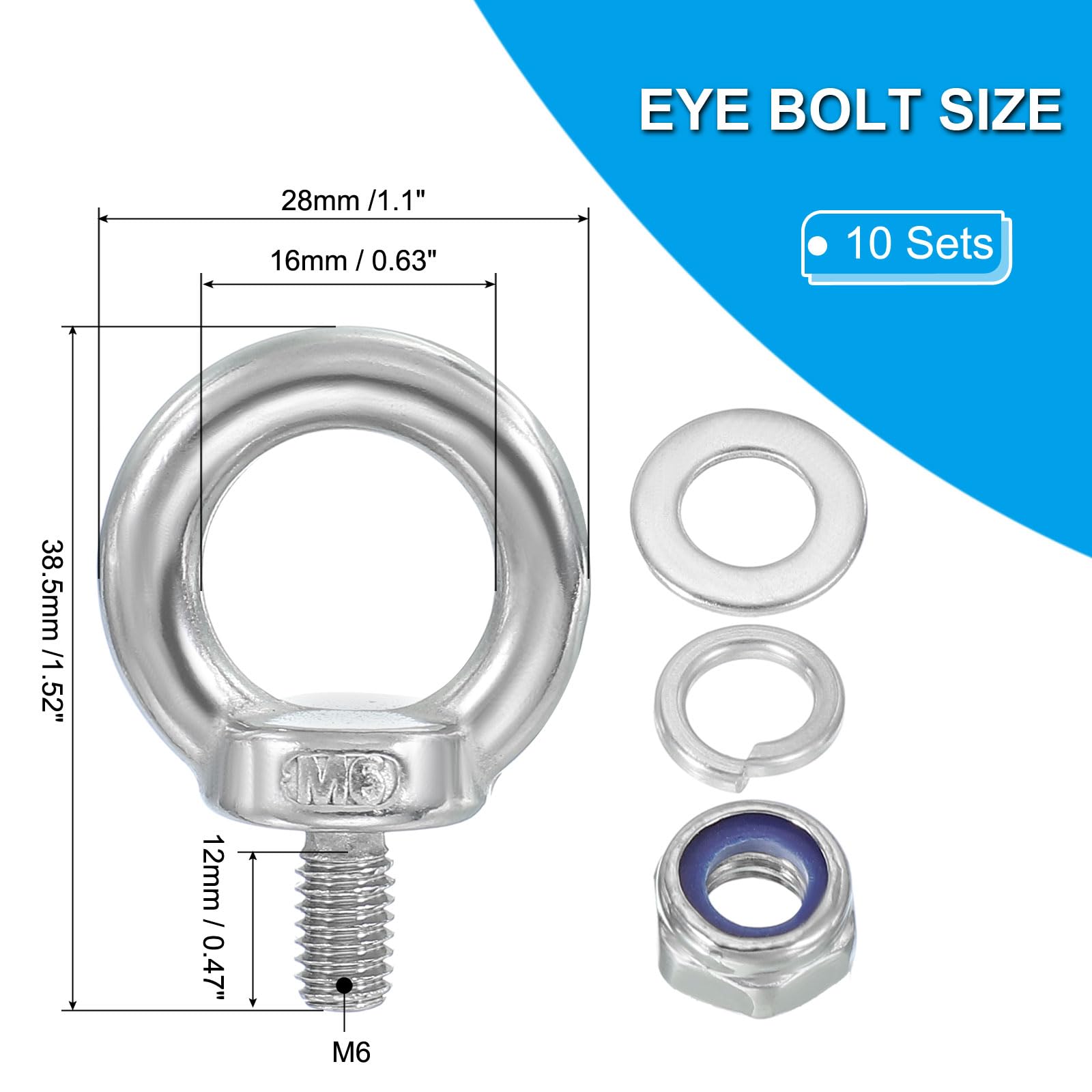 PATIKIL M6 x 12mm Eye Bolt with Nut, 10 Pack 304 Stainless Steel Lifting Shoulder Eyebolt Lift Thread Screws for Hanging Silver - Image 2