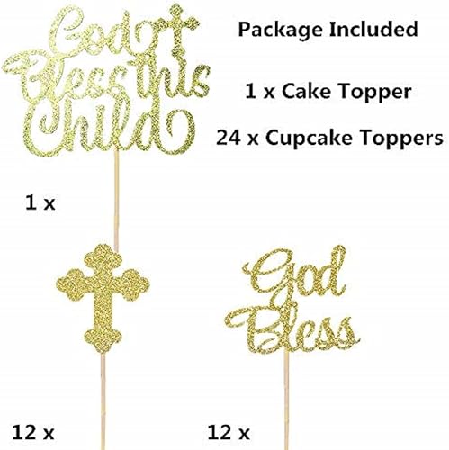 Vista 6 de JeVenis 25 adornos dorados brillantes para tartas y cruz, bendice a este niño, decoraciones para cupcakes de bautismo