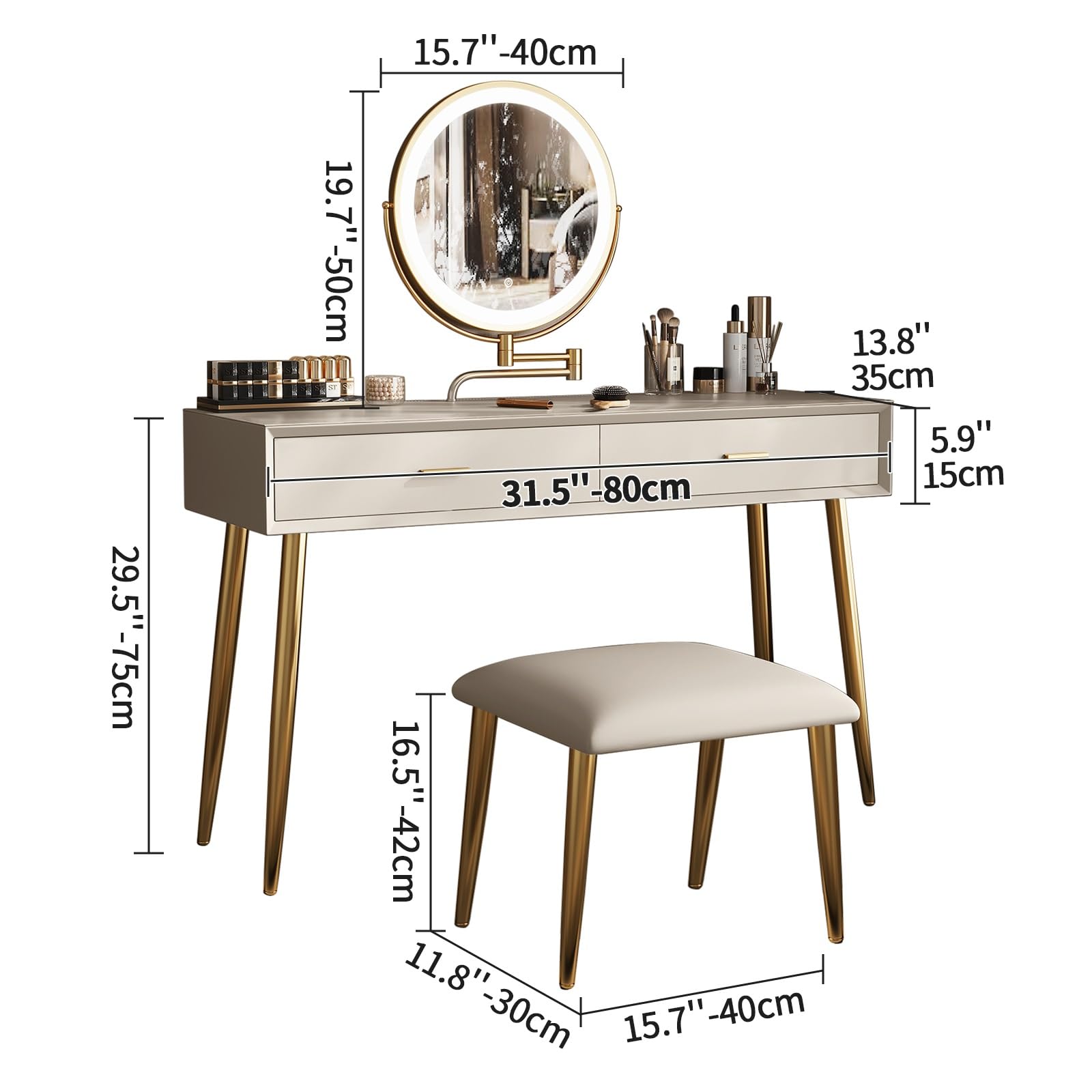 Bei Makeup Vani Set mit Spiegel & Lichtern, 80 cm, kleiner Vani-Tisch, 2 Design-Tischhocker, 3 Beleuchtungen, M-t für Schlafzimmer-Dekor
