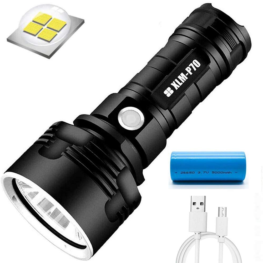 XLM-P70 LED Flashlight - Super Bright High Lumen 30000-100000 for Camping, Outdoor, Emergency Flashing, Waterproof, Rechargeable Battery High Power, Handheld Strong Torch Flash Light (50W-XLM-P70)