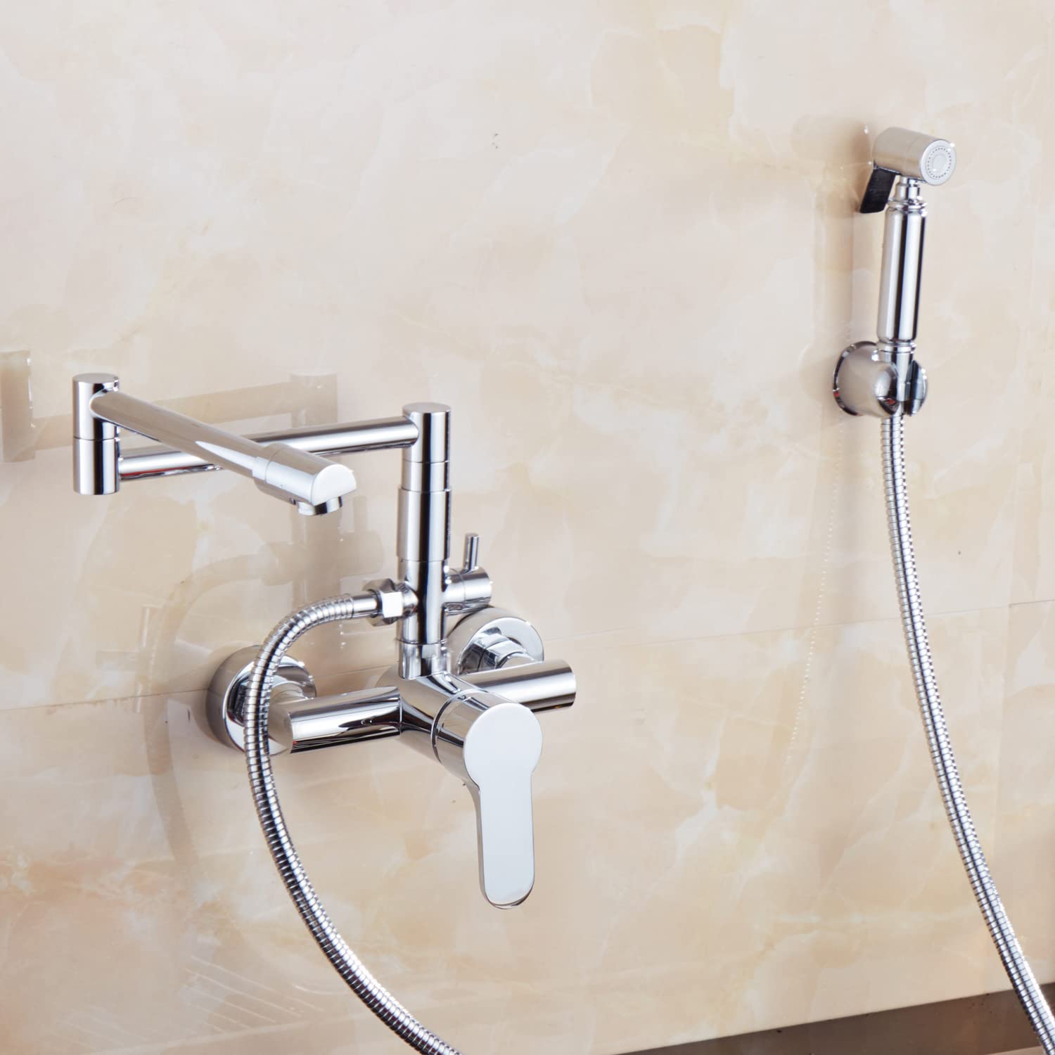 Robinet de cuisine mural pliable en cuivre chromé pour eau chaude et froide
