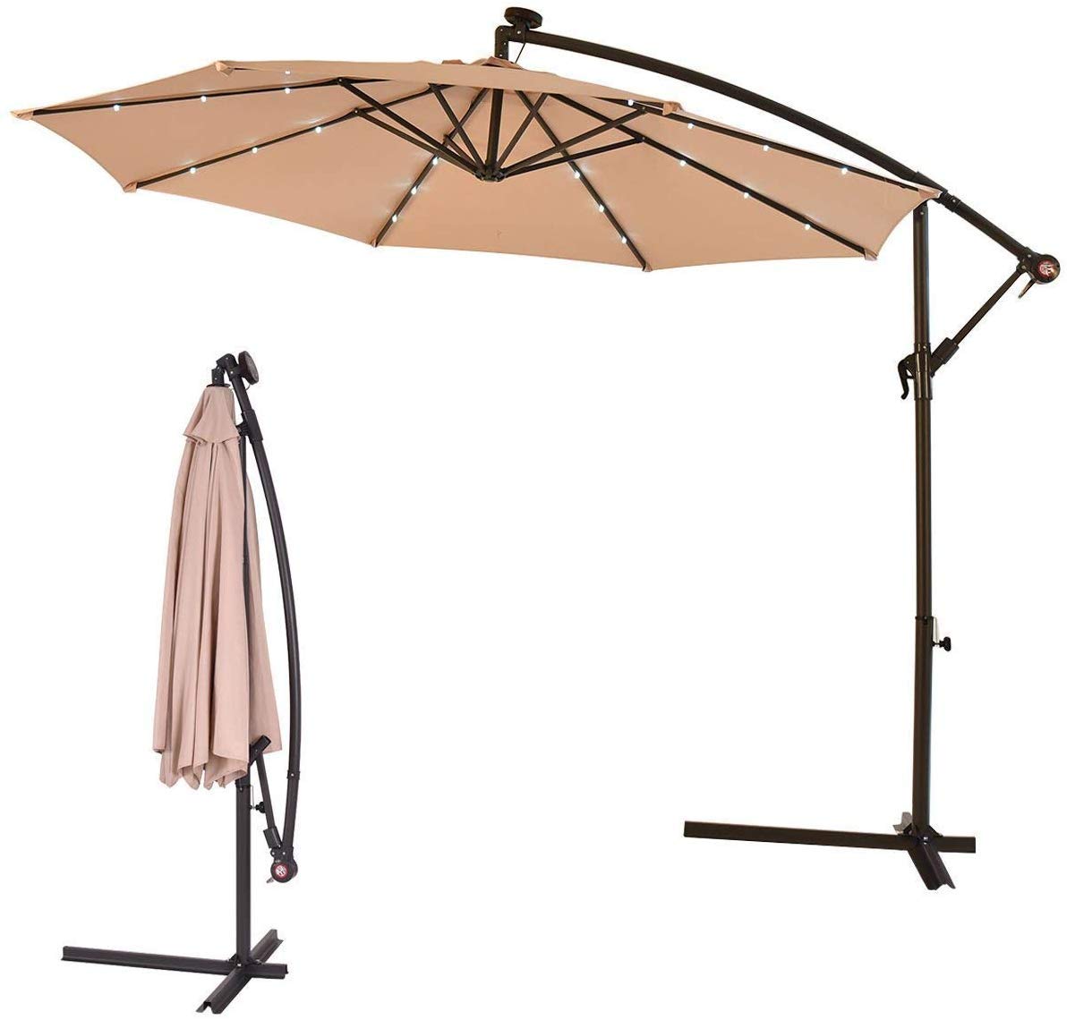 HOMGX, Outdoor Parasol 10ft Patio Umbrella, 8 Ribs and 24 LED Solar Powered Lights, Beige