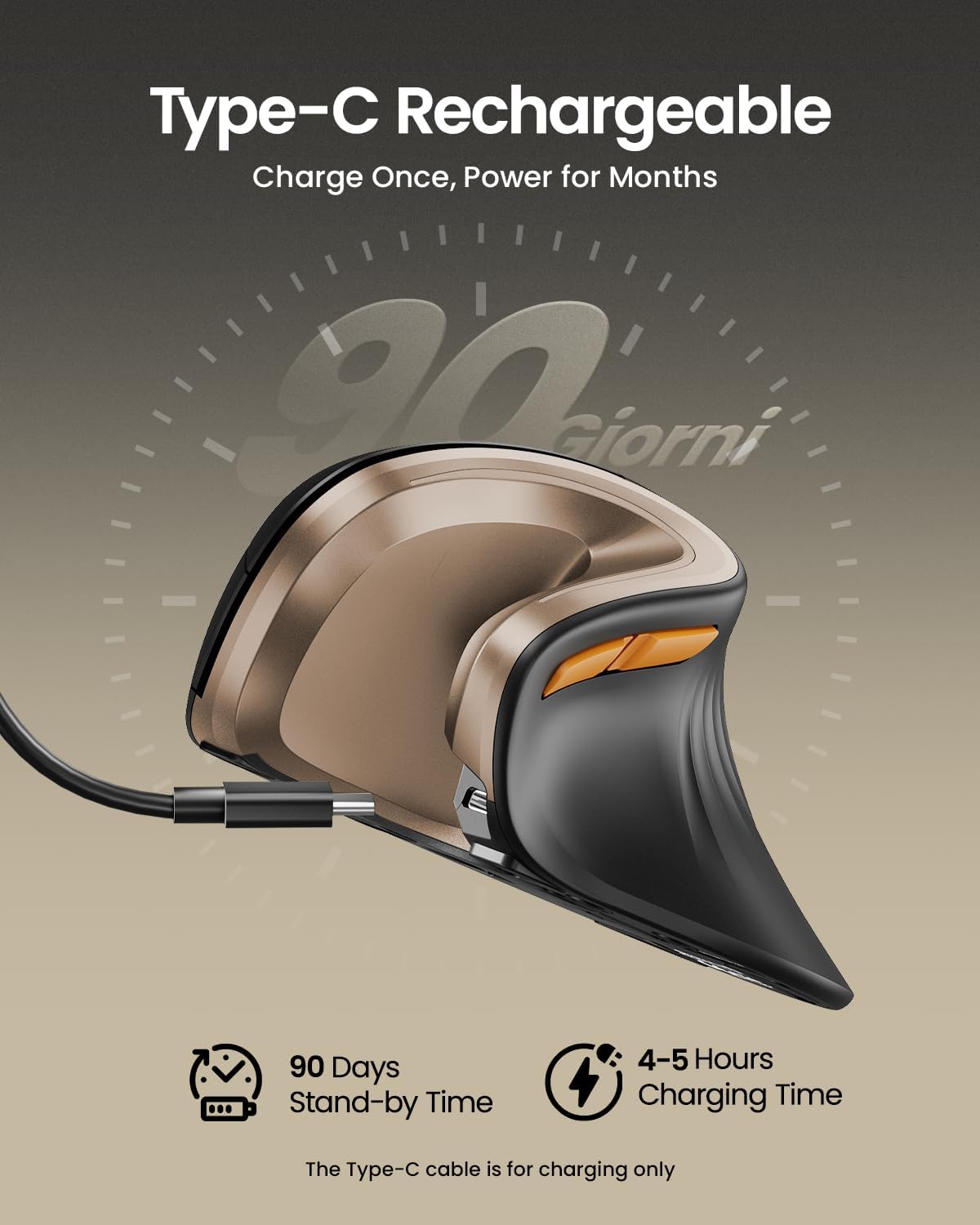 ProtoArc Ergonomic Mouse, EM11 NL Bluetooth Rechargeable Wireless Vertical Mouse, 3 Multi-Device Connectivity for Computer/PC/Laptop, 2.4GHz USB-A Optical Mice for Windows, Mac OS, Black Gold - 3
