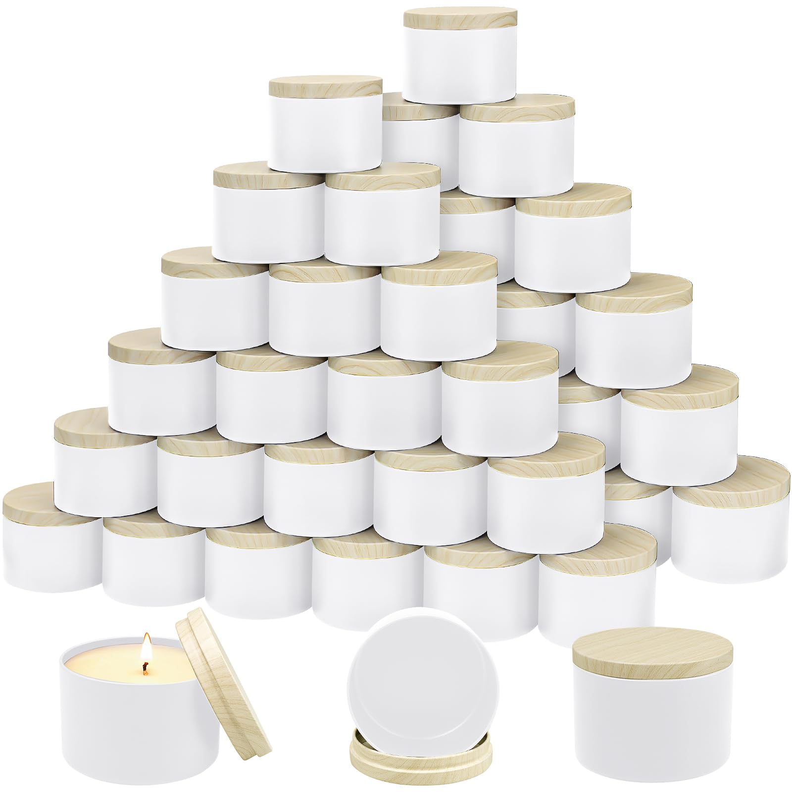 Lot de 48 Pots à Bougies Métalliques 120ml avec Couvercles Effet Bois, Boîtes Vides Blanc Mat pour Fabrication de Bougies Artisanales, Récipients Hermétiques pour Épices, Thé, Cosmétiques