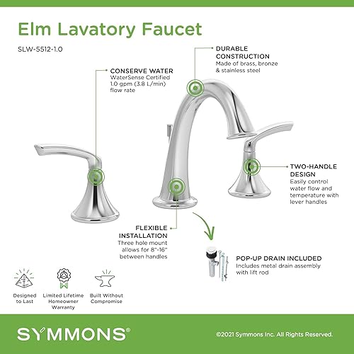 Miniatura 5 de Symmons SLW-5512-1.0 Olm Grifo de baño de 2 manijas con montaje de drenaje en cromo pulido (1.0 GPM)