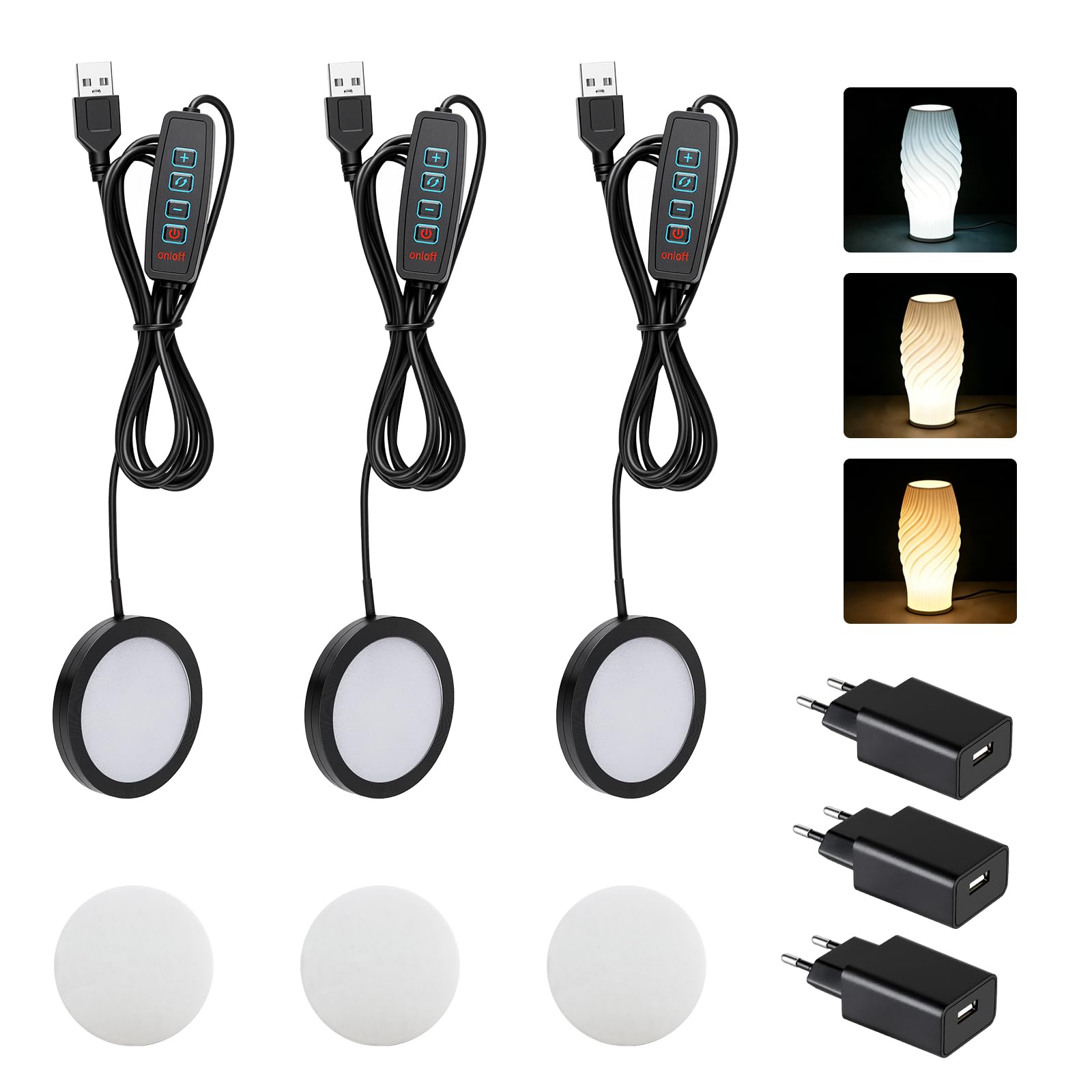 3 Lámparas LED para Impresora 3D Bambu Lab, 3 Temperaturas de Color con Memoria de Temperatura de Color y Regulable en 10 Niveles, 5V USB, Incluye Adaptador, Almohadillas Adhesivas y Tornillos