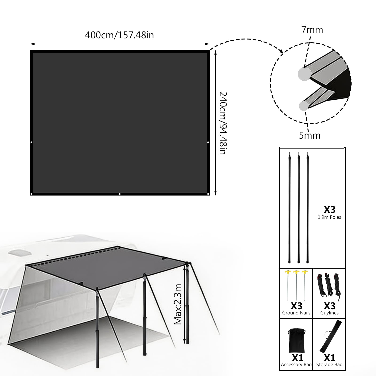 Toldo Caravana Impermeable Toldos para caravanas con Protección UV - Toldo Exterior 420D Oxford para Autocaravana, Furgoneta Camper (4m x 2.4m)