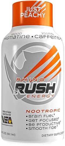 Rhino Rush - Energy Shots Paquete de 12, 2 onzas de energía de cafeína extra fuerte (solo melocotón)..