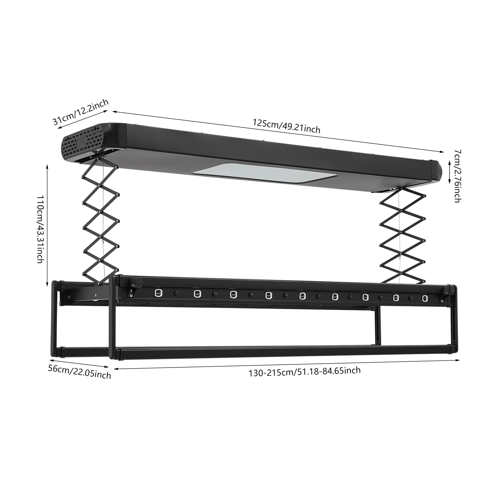 Stendibiancheria elettrica, supporto verticale da soffitto con illuminazione e telecomando, per parete e soffitto, pieghevole, salvaspazio, in alluminio e acciaio nero