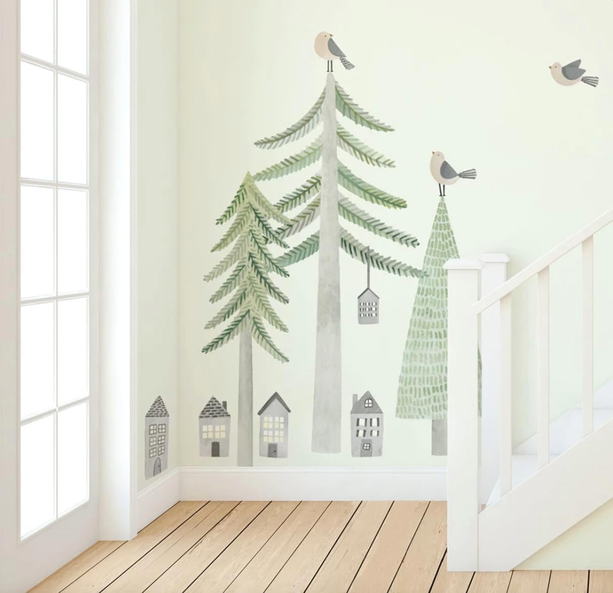 Pine Forest Wall Decal - Large Woodland Trees - Tree Set Wall Decor for Nursery - Watercolor Pines Art Mural Vinyl Wallpaper Sticker (L)