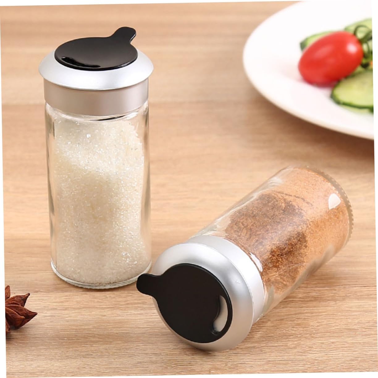 2 Pcs 100ml Rotating Cruet Jars Lead-Free Glass Salt Pepper Shaker Set for Barbecue Seasoning Multi-Purpose Kitchen Condiment Bottles