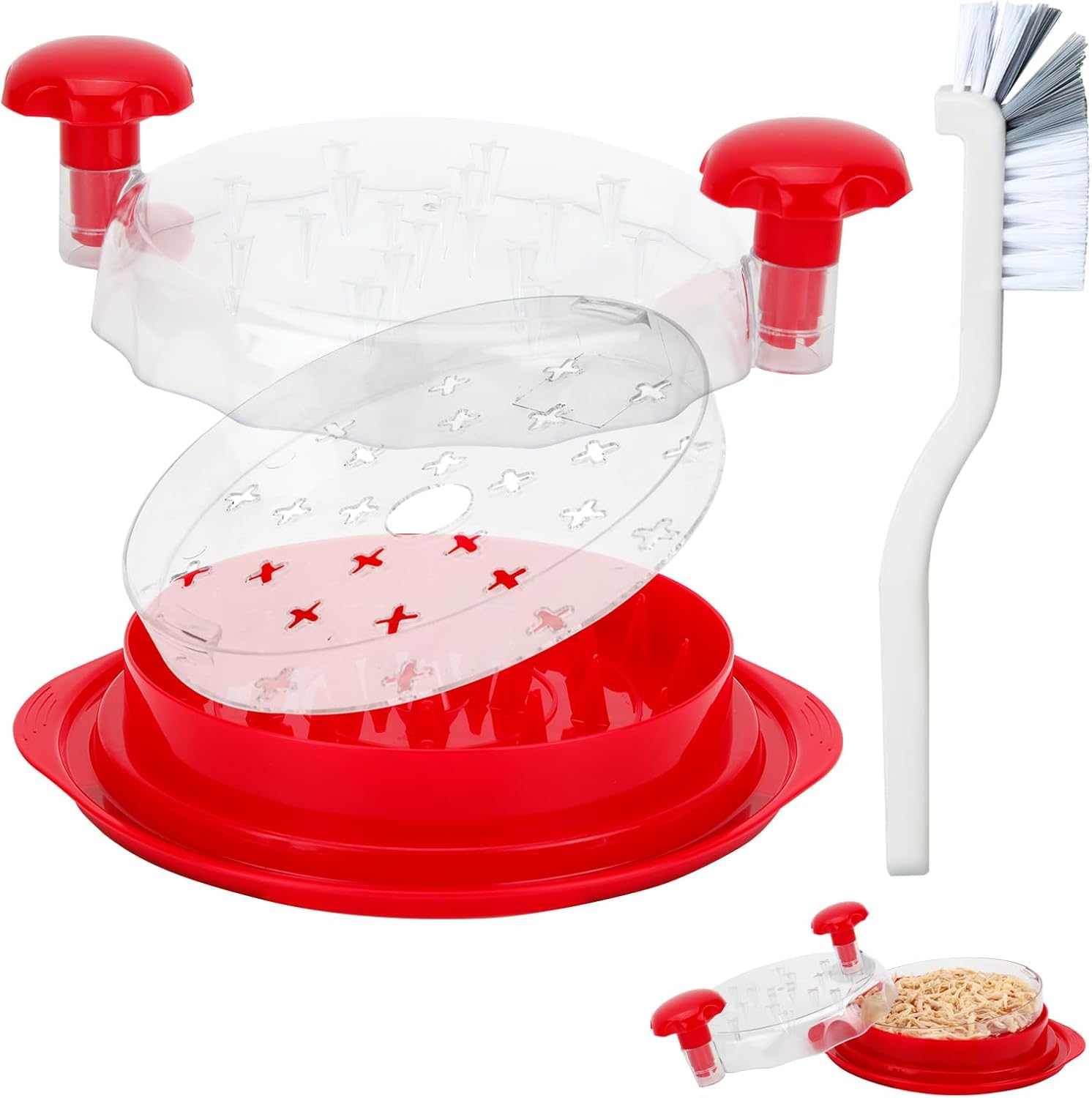 Chicken Shredder Tool Twist Large 10.8- Chicken Breast Shreddar with Brush & Removable Tray -Meat Shredder tool twist Machine, Anti-Slip Grip, Ergonomic Handle, BPA-Free (Red)