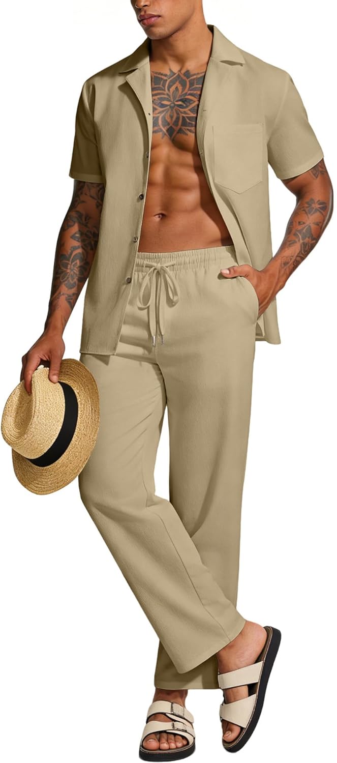 UOUA Mens 2 Piece Linen Set Summer Beach Button Down Short Sleeve Shirt Long Pant Vacation Casual Outfit