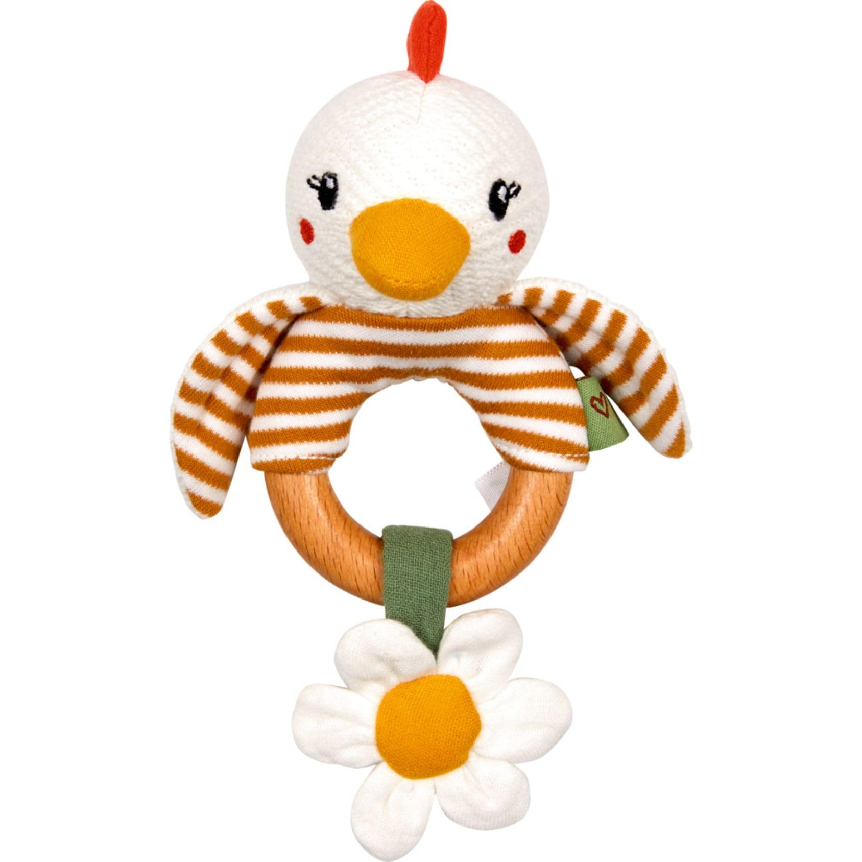 Sonajero de madera con diseño de gallina para bebé, con bordado y anillo de madera, 17 cm