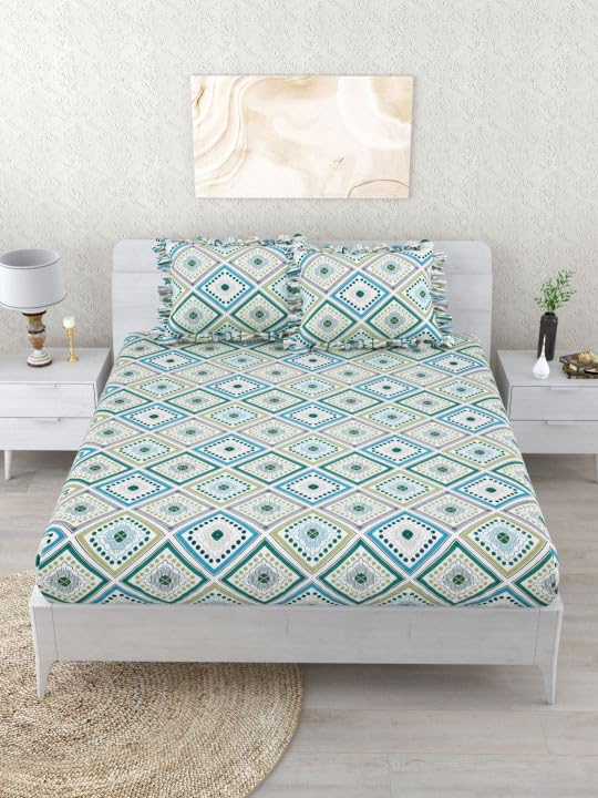 Image of 350 TC Premium Heavy Cotton Feel Elastic Fitted Bedsheet King Size with 2 Frill Pillow Covers King Size || Double Bed with All Around Elastic (White Geometric, Queen)