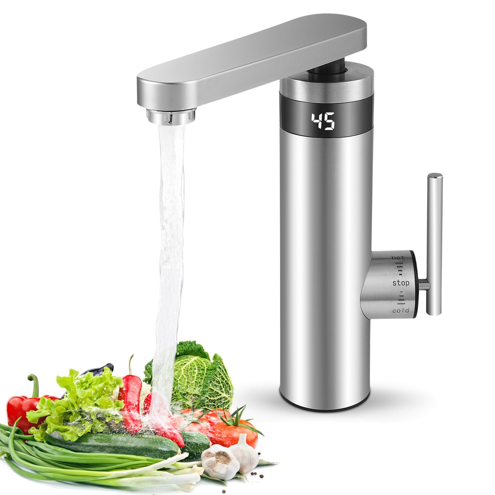 3000 W 230 V grifo de agua eléctrico de paso de acero inoxidable con calentador de agua, grifo de cocina con indicador de temperatura, grifo de agua caliente y fría para cocina y baño