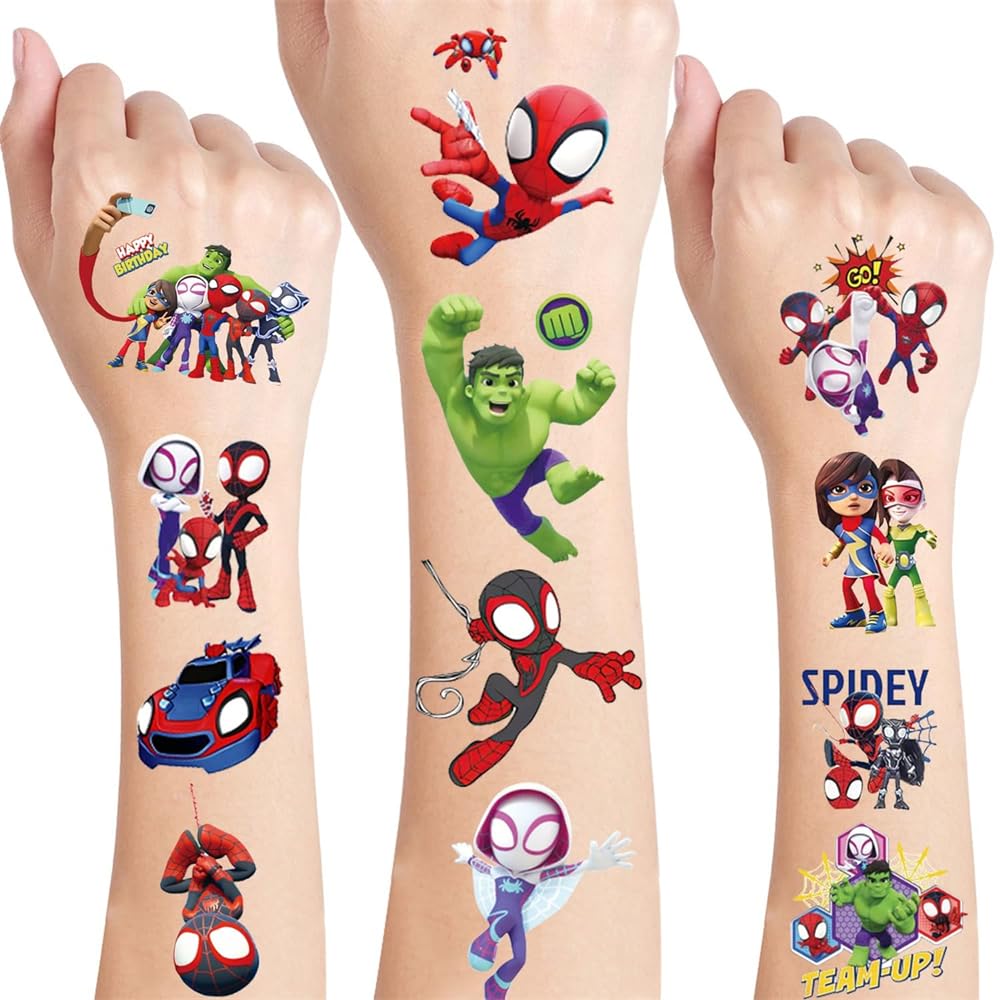 Spider Temporary Tattoos for Kids, Spider Birthday Party Supplies, Spidey and Friends Temporary Tattoos for Boys Girls, Cute Fake Tattoos Stickers, Spider Man Tattoos Party Favors Bundle (8 Sheets)