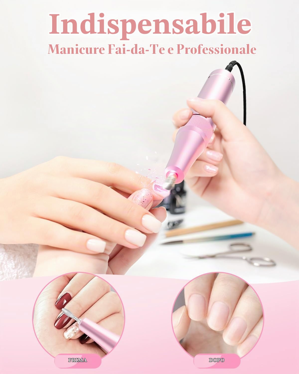 Fresa per Unghie Professionale 35000 Giri/min, Lima Elettrica Ricaricabile per Unghie Gel e Acrilico, Kit Manicure Pedicure Portatile Senza Fili con 7 Punte e 56 Nastri Abrasivi, Blu Rosa