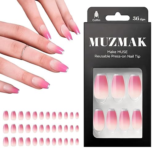 MUZMAK Uñas postizas reutilizables a presión, largas, medianas y cortas, 36 unidades, color rosa, con diseños de punta francesa roja, lindo gel