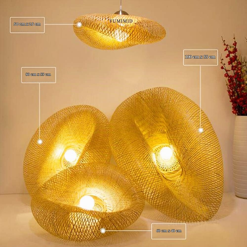 Retro Hängelampe Bambus Pendelleuchte E27 Holz Deckenleuchte Handgewebte Rattan Lampenschirm Runde Kronleuchter Wohnzimmer Schlafzimmer Büro Hängeleuchte Esstischlampe,60cm