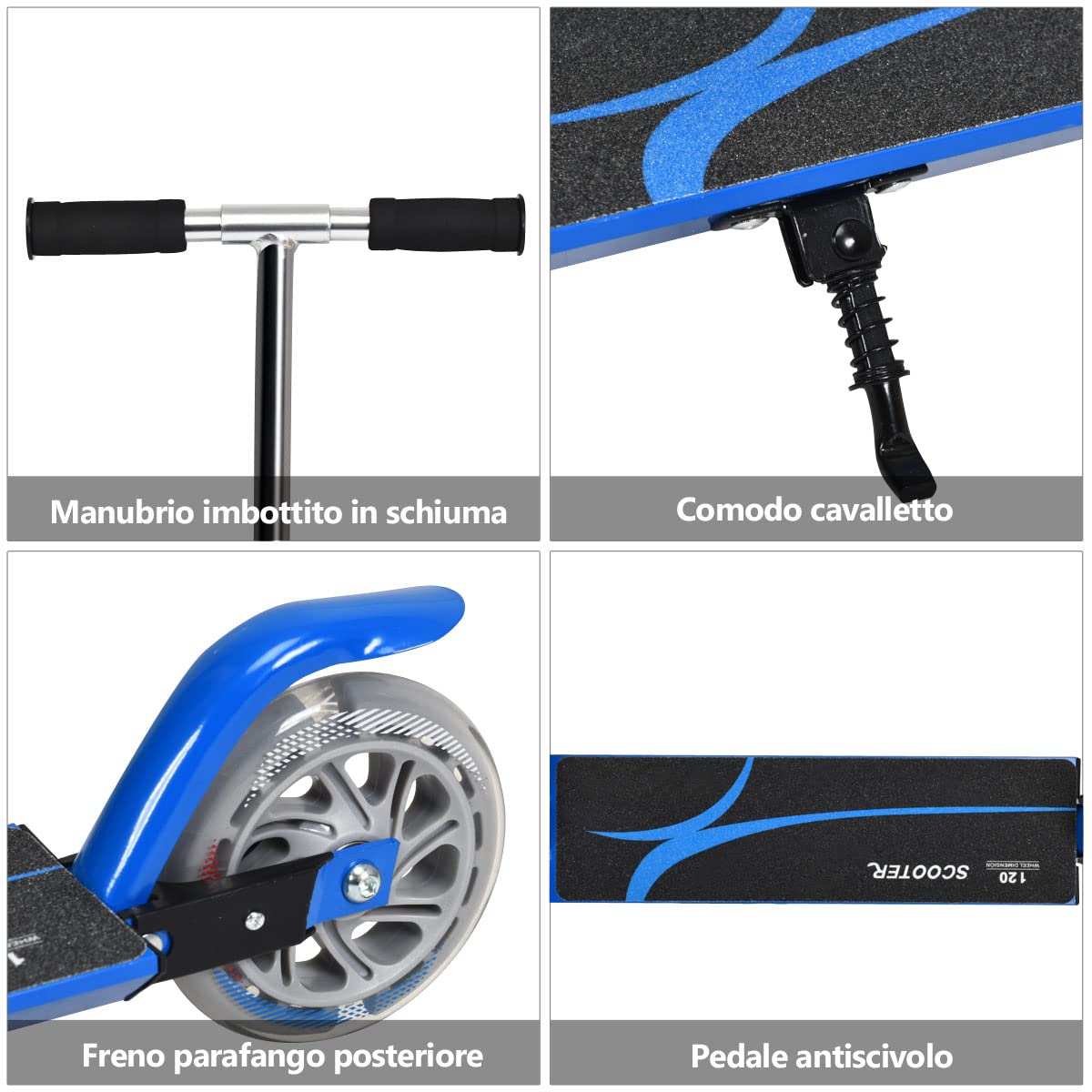 COSTWAY Monopattino Bambini, Monopattini con 2 Ruote Luci, Manubrio Regolabile in 3 Altezze, Freno Posteriore, Cavalletto e Pedana Larga, Portata 70 kg, Adatto ai Bambini 5-13 Anni