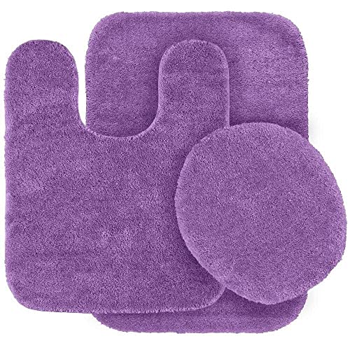 #6 Bath Mat, Contour Mat, and Lid Cover, with Rubber Backing Bathroom Set 3 Piece Solid Assorted Colors (Purple)