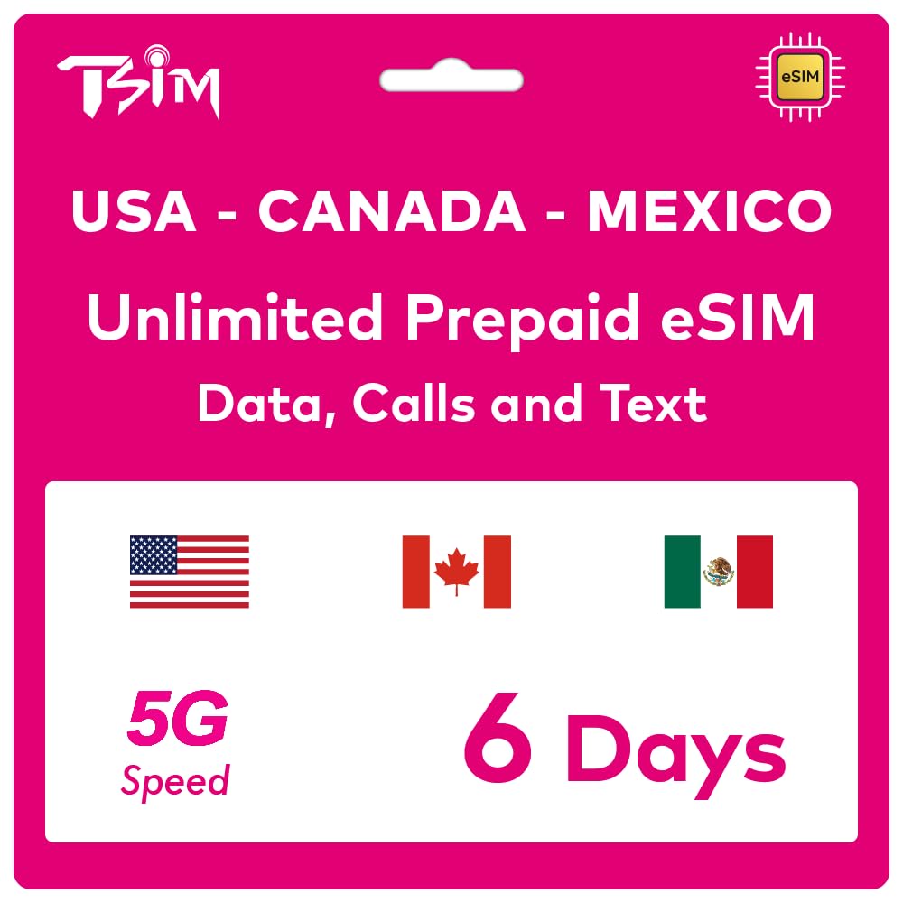 TSIMPrepaid USA eSIM 6 Days | Unlimited 4G/5G High-Speed Data in the USA + Unlimited Low Speed Data in Canada & Mexico | Unlimited Local Calls + Free Incoming Calls & SMS