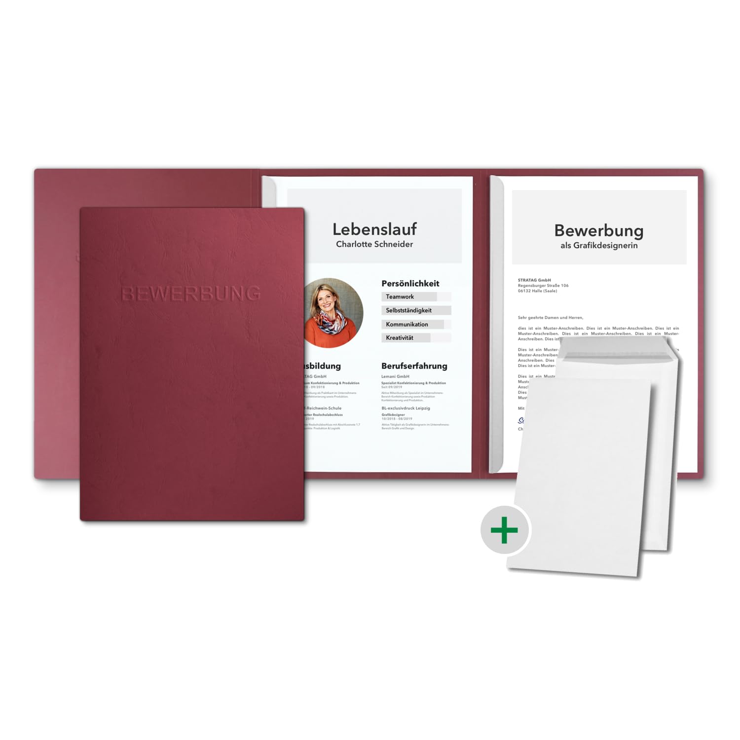 Lot de 5 chemises de candidature en 3 parties avec 2 rails de serrage dans une structure en cuir fin, qualité supérieure, avec 5 enveloppes blanches - STRATAG®