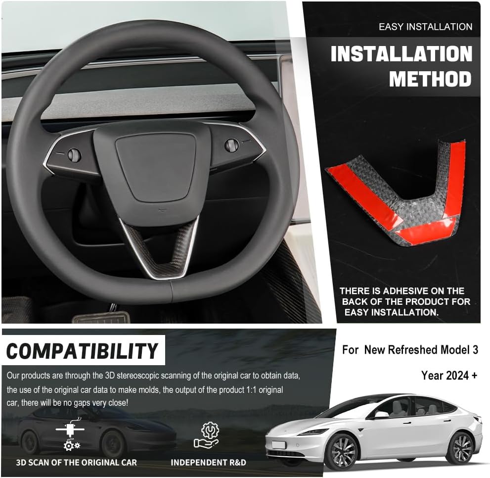 JSWAN Carbon Fiber Steering Wheel Panel Cover Fit for Tesla Refreshed Model 3 Highland Performance (2024+) Model Y Juniper (2025+) Steering Wheel Frame Trim Cover Accessories (Matte Twill Weave)