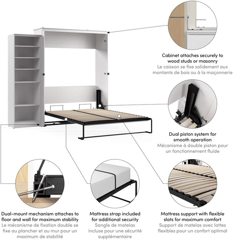 Bestar Key West Queen Murphy Bed with Closet Organizer (94W) Space-Saving Sleeping Arrangement for Multipurpose Area, Bedroom, Guest Room, or Living Room in Pure White Oak