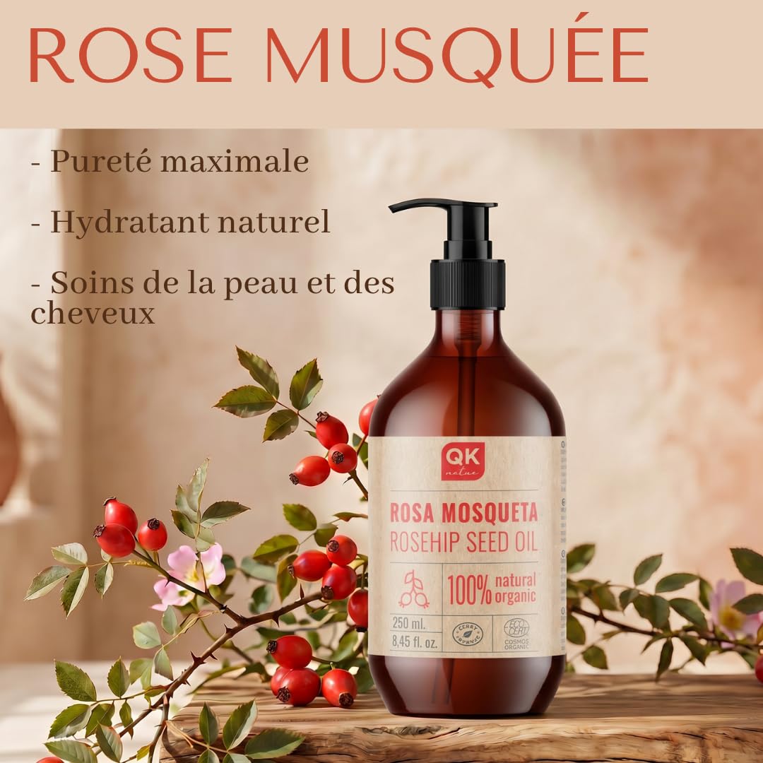 QKnatur - Huile de Rose Musquée 100% Naturel Bio Vegan - 250 ml - Cicatrices et Vergetures - Anti-rides Anti-âge - BIO - Pressée à Froid