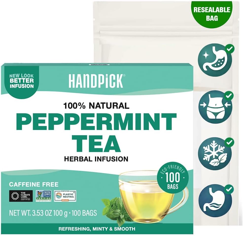 HANDPICK, Peppermint Tea, Eco-Conscious Tea Bags - 100 Count | Caffeine Free, Non-GMO | Minty, Fresh & Cool flavor | Direct From Source