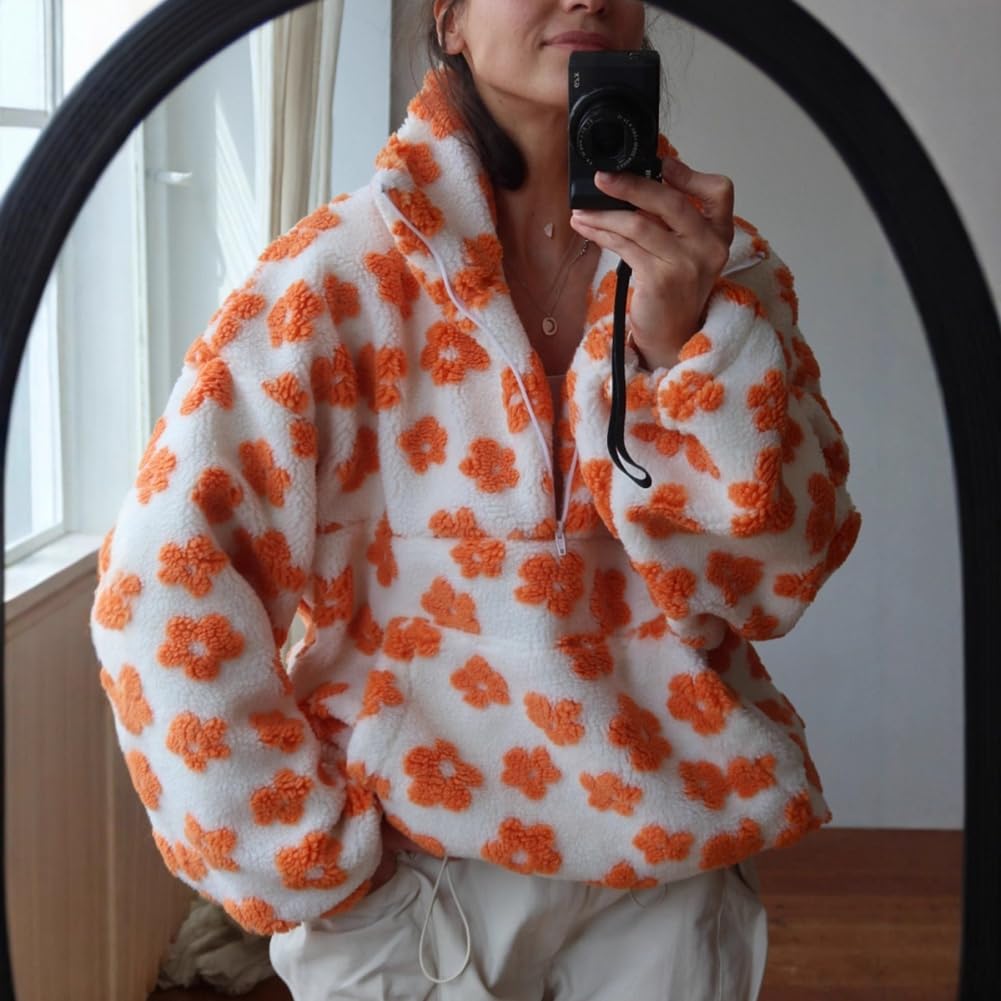 Damskie jesienne bluzy polarowe uroczy kwiatowy nadruk półzamek błyskawiczny sweter z długim rękawem Y2k Sherpa płaszcz z kieszenią