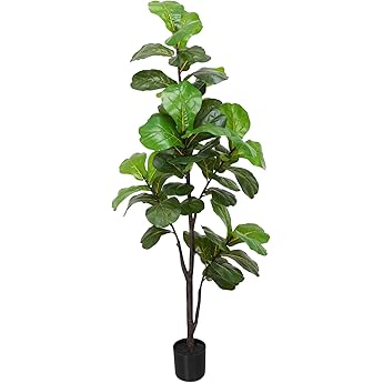 5FT Artificial Fiddle Leaf Fig Tree - Faux Rubber Tree with White Pot - Tall Fake Floor Plant with 56 Leaves - Artificial Plant for Home Decor Indoor Office Living Room