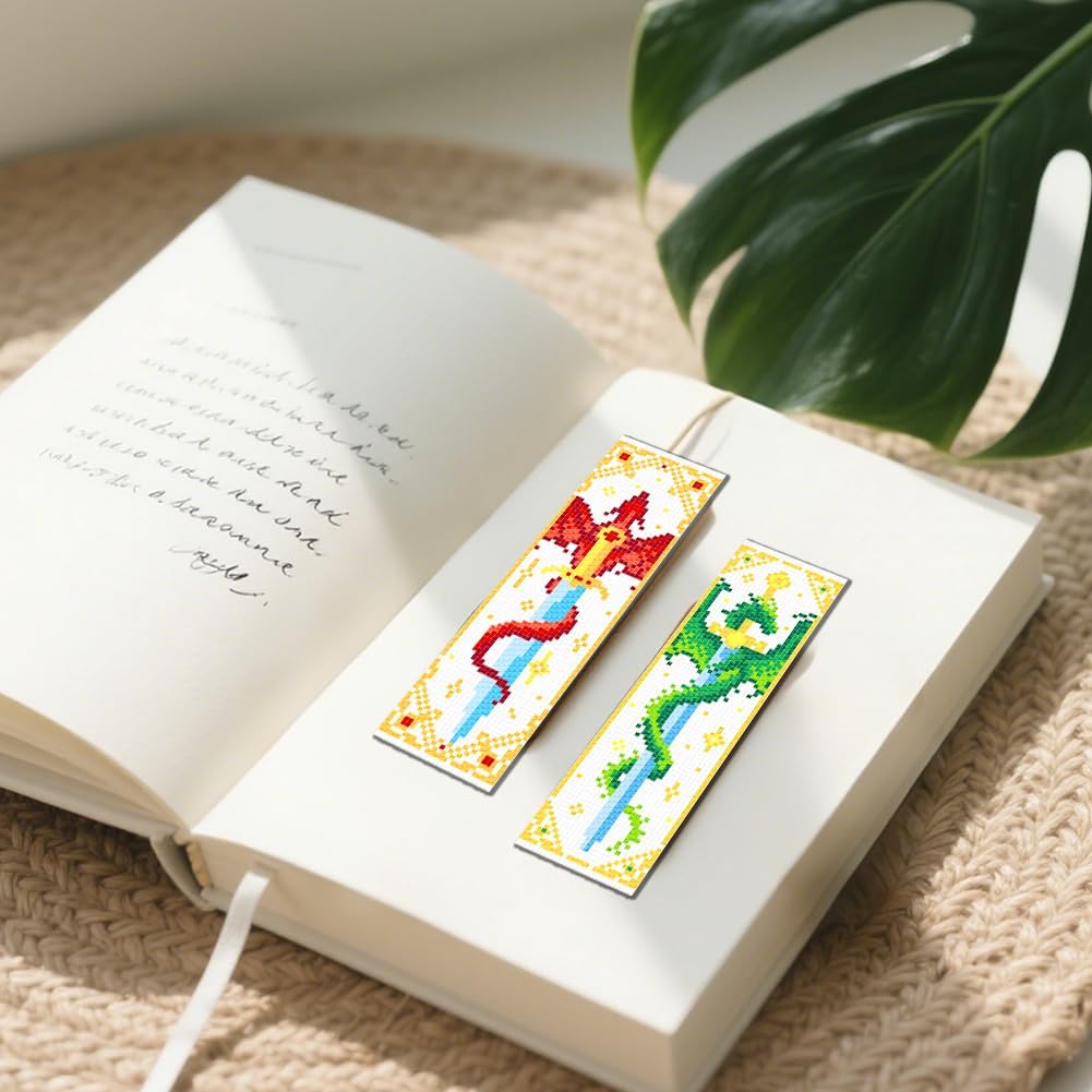 FREEBLOSS 6 Set Dragon and Sword Cross Stitch Bookmark Kit DIY Cross Stitch Kits Dragon Pattern Stamped Embroidery Kits with Instructions DIY Bookmark Kit for Adult Beginners 8x2.4inch 11CT