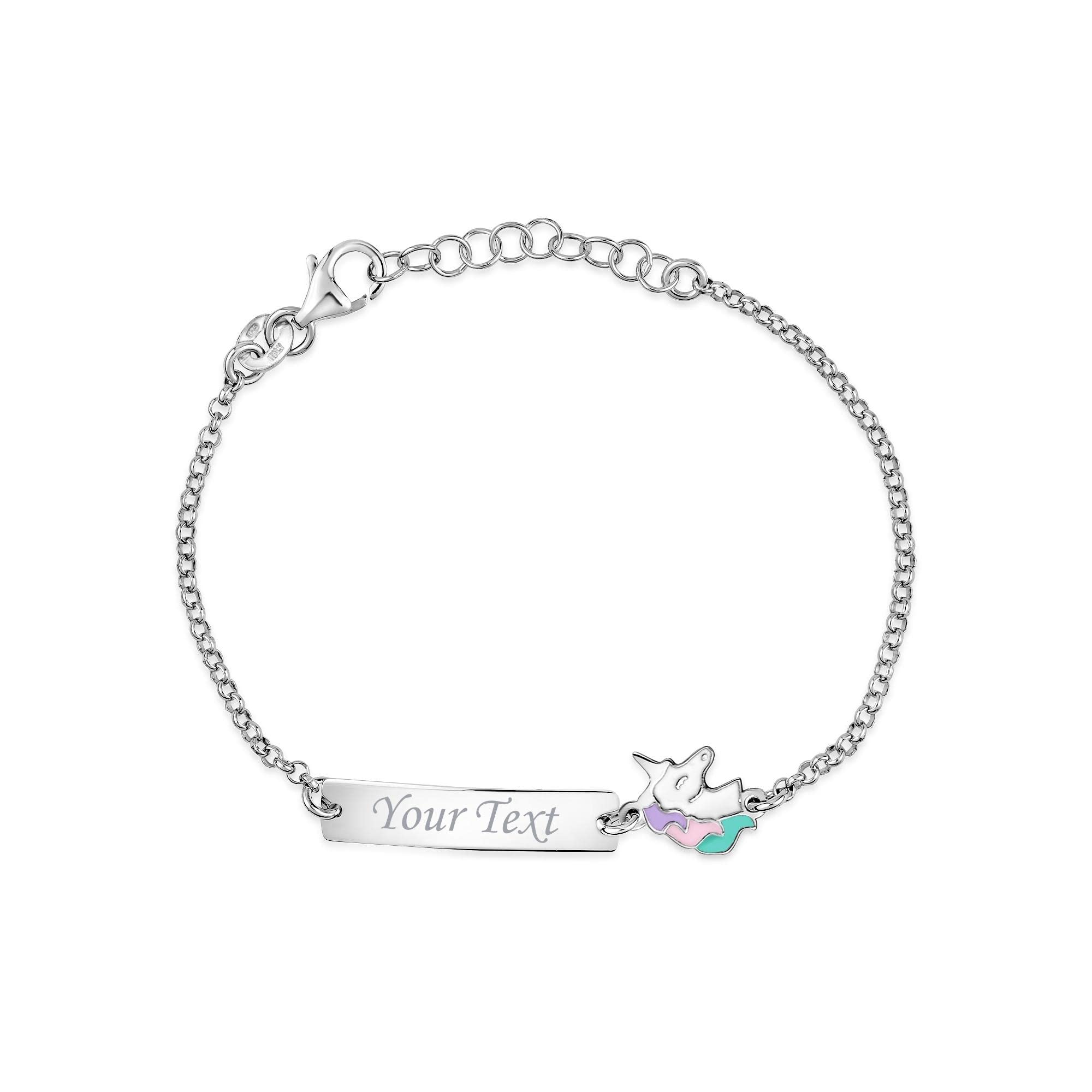 UNICORNJ Sterling Silver 925 Engravable ID Bracelet Rolo Chain for Girls Heart with Pink Enamel 6.5"