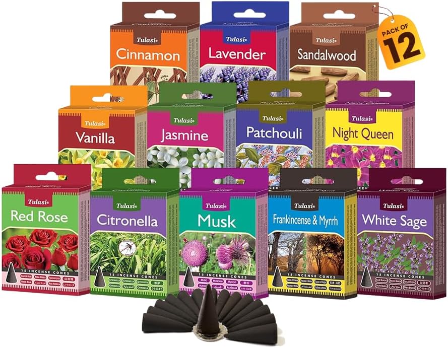 Tulasi Classic Incense Cones with Natural Oils Scents, Set of 12 Fragrances (180 Cones) Calming Home Aromatherapy, Meditation, Relaxing, Mixed Scents with Natural Oils