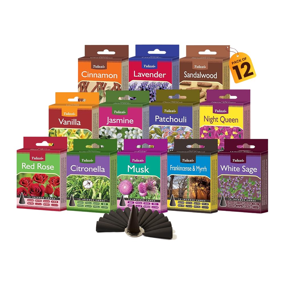 Tulasi Classic Incense Cones with Natural Oils Scents, Set of 12 Fragrances (180 Cones) Calming Home Aromatherapy, Meditation, Relaxing, Mixed Scents with Natural Oils, Thanks Giving
