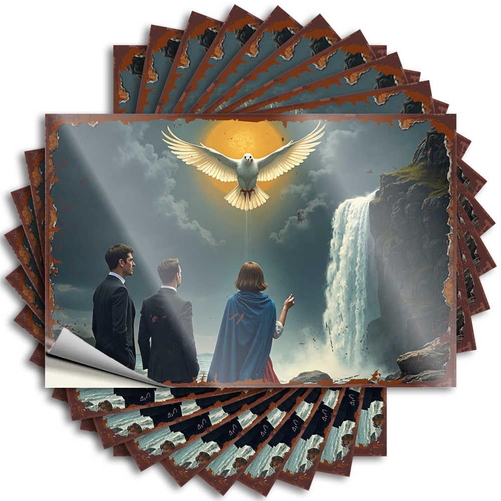 Quote Back Yard Decorations Peel and Stick - Three Figures Witness A Divine Dove Above A Majestic Waterfall Window Punk Waterproof Vinyl for Travel(8X12CM)